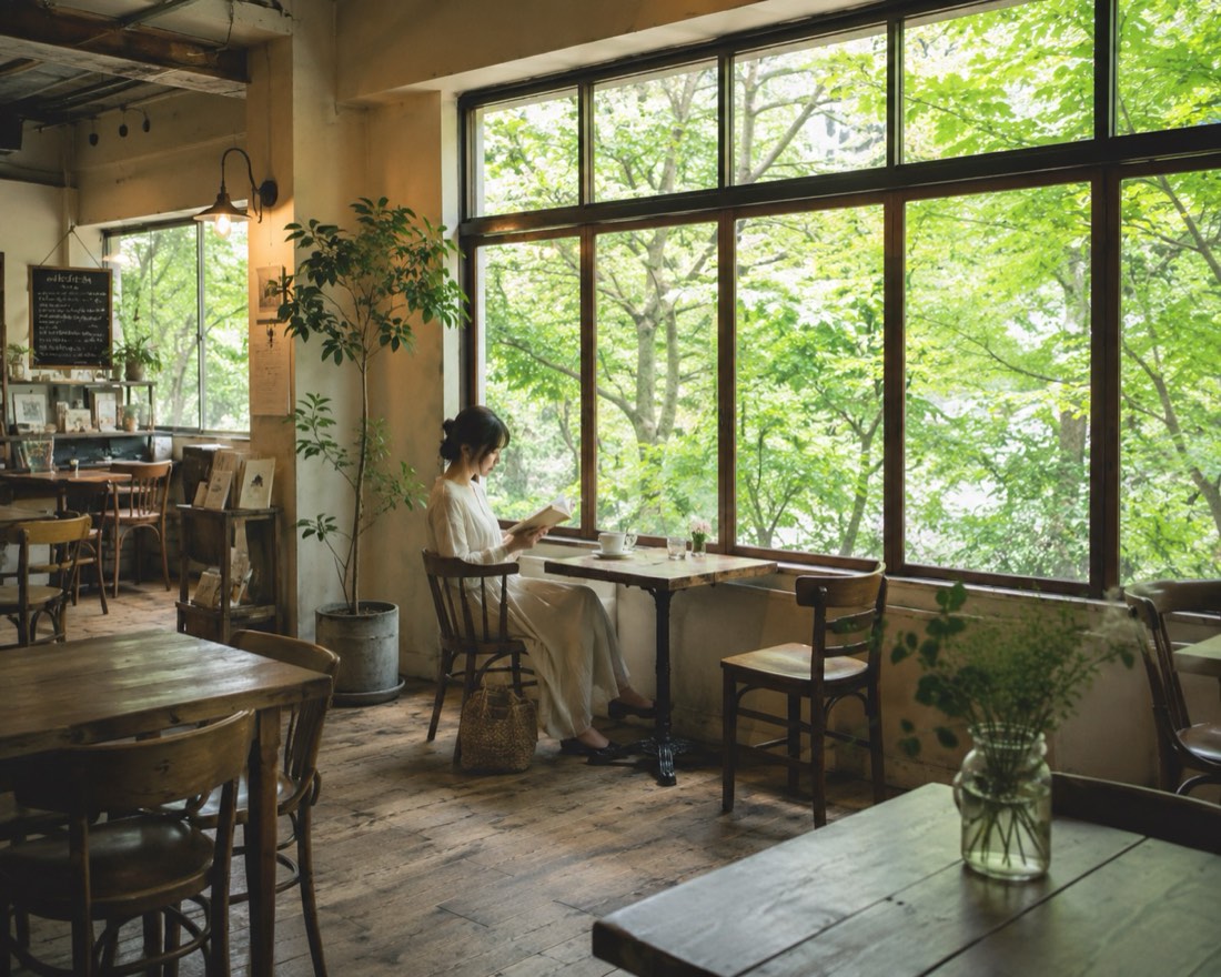 緑に囲まれたカフェで読書する人